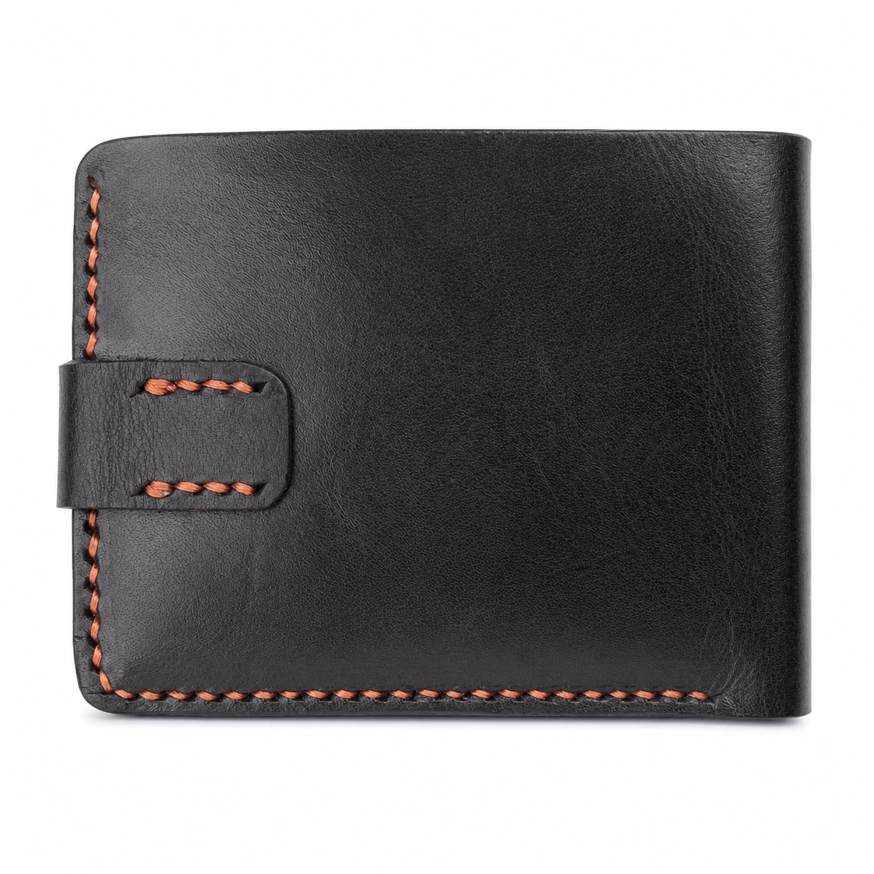 Classic black leather bifold wallet with brass snap closure and chestnut brown stitching by ROX & OAK.