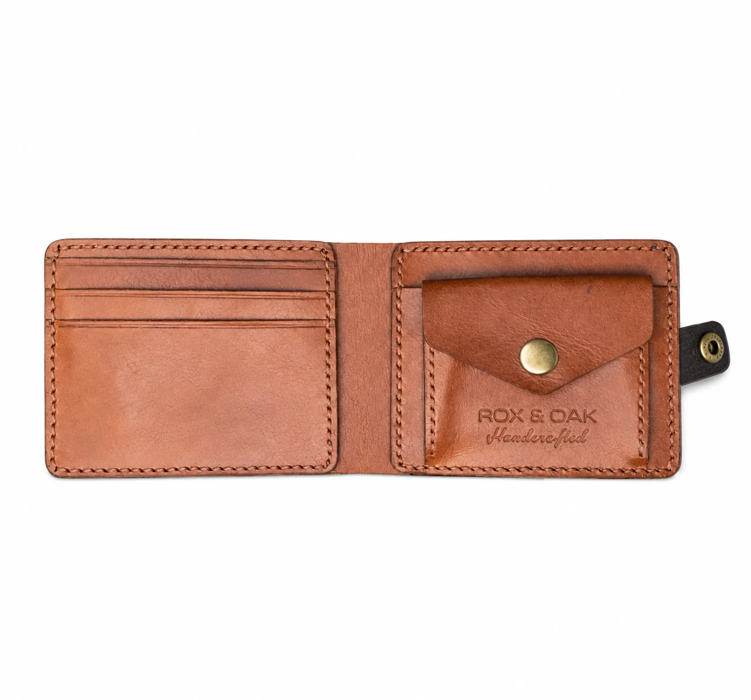 Open dual tone leather bifold wallet with chestnut brown interior, card slots, and coin pocket by ROX & OAK.
