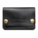 Rox & Oak Terra handcrafted black vegetable tanned leather card holder wallet with antique brass snap buttons on white background