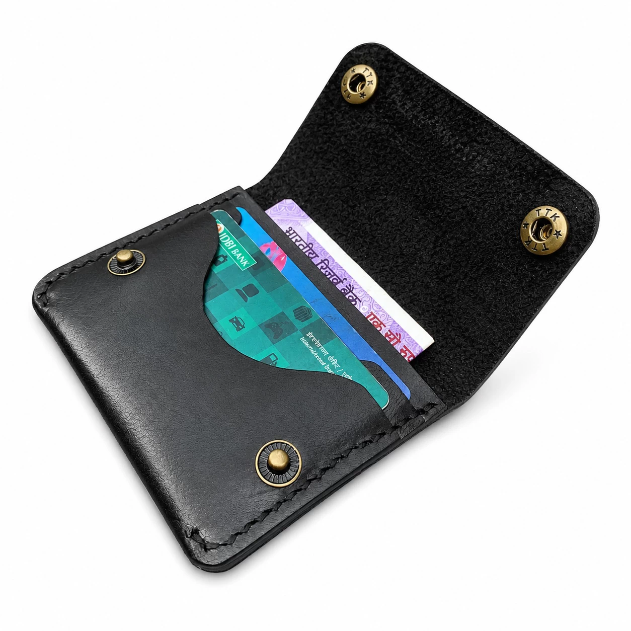 Rox & Oak Terra black leather card holder wallet open view showing card slots and cash compartment