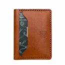 chestnut brown minimalist bifold leather card holder with exposed card slot and hand-stitched edges.