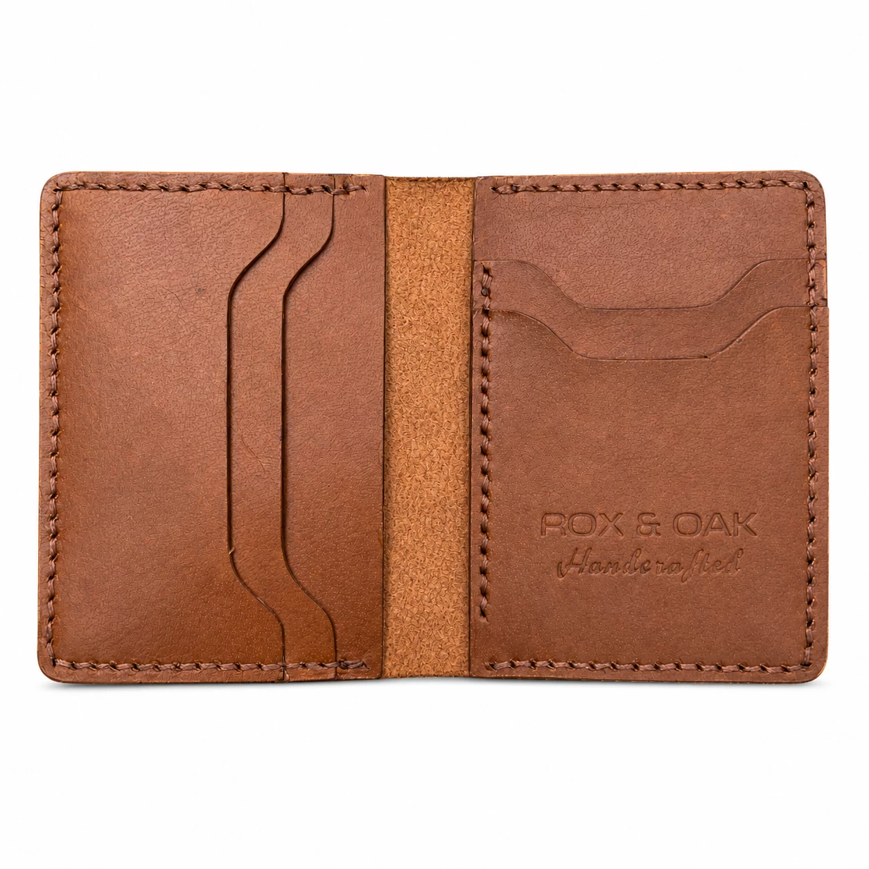 chestnut brown handcrafted veg tan leather bifold card holder with multiple card slots and minimalist design by Rox & Oak.