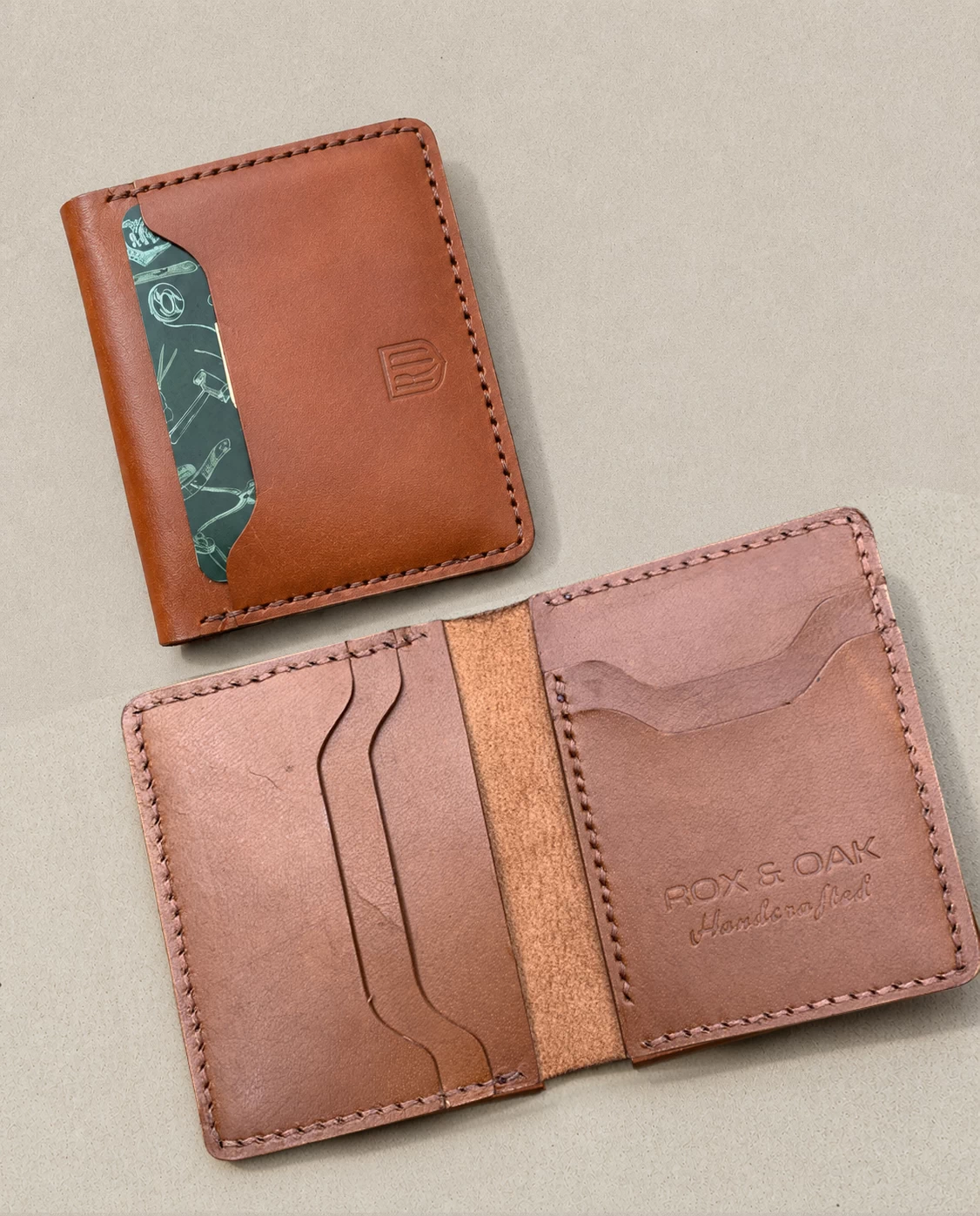 chestnut brown handcrafted veg tan leather bifold card holder with multiple card slots and minimalist design by Rox & Oak.