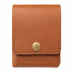 Front closed view of Rox & Oak chestnut brown slim leather wallet with snap button.