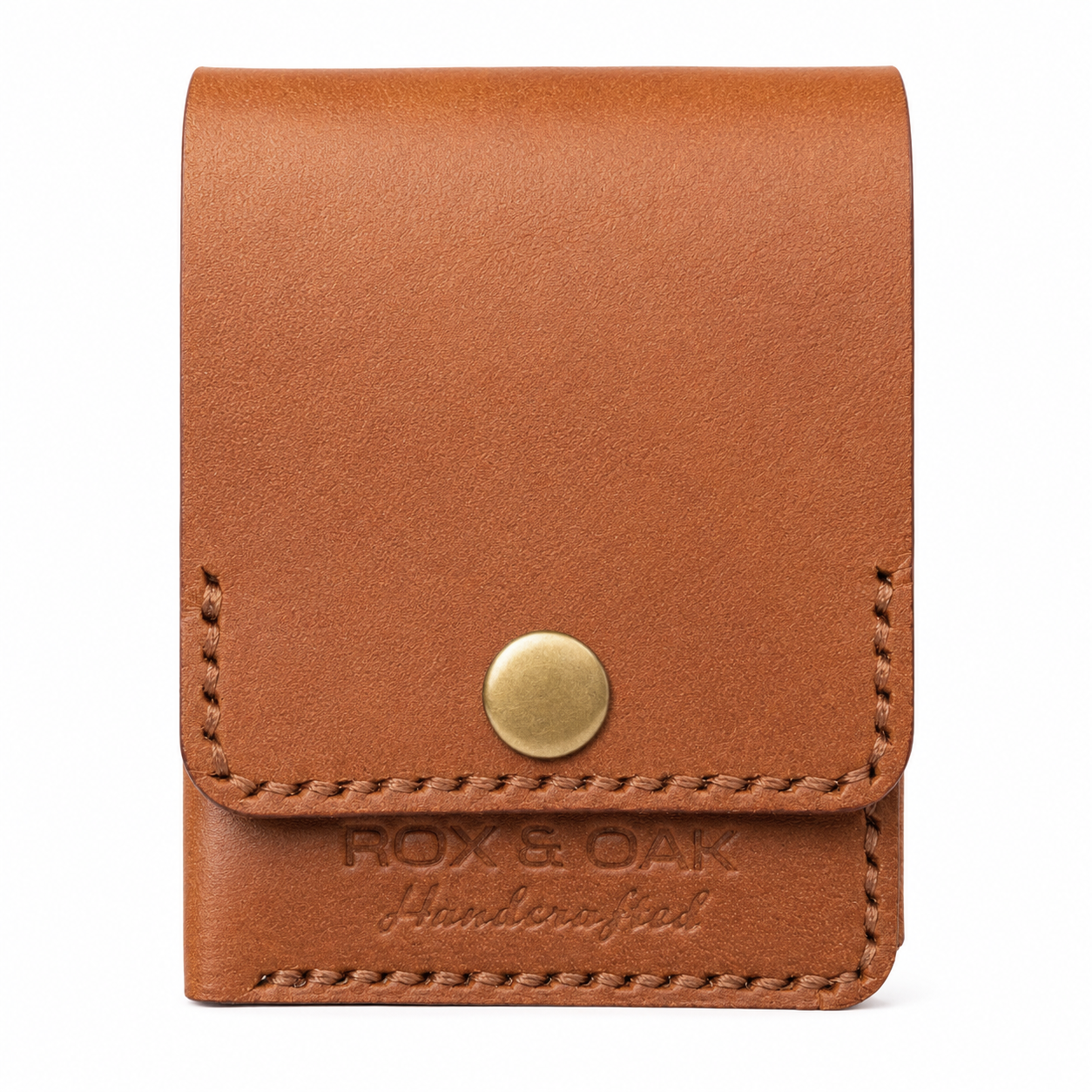Front closed view of Rox & Oak chestnut brown slim leather wallet with snap button.