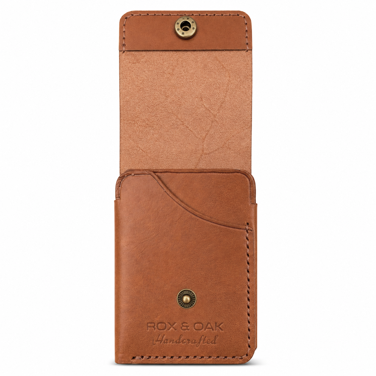 Open chestnut brown Rox & Oak leather wallet with snap closure and card slot.