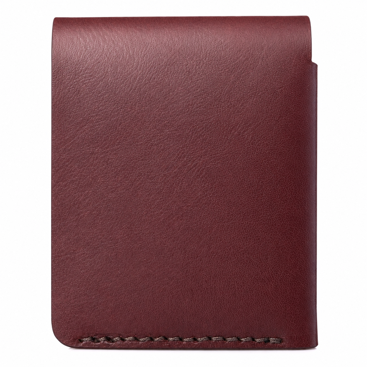 Back side of Rox & Oak handcrafted veg tan leather wallet in maroon color.