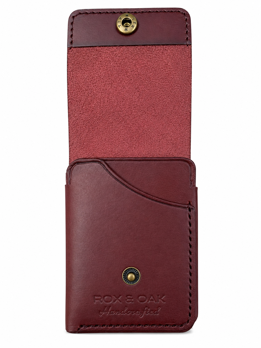 Open Rox & Oak veg tan leather slim wallet with easy-access card slot.