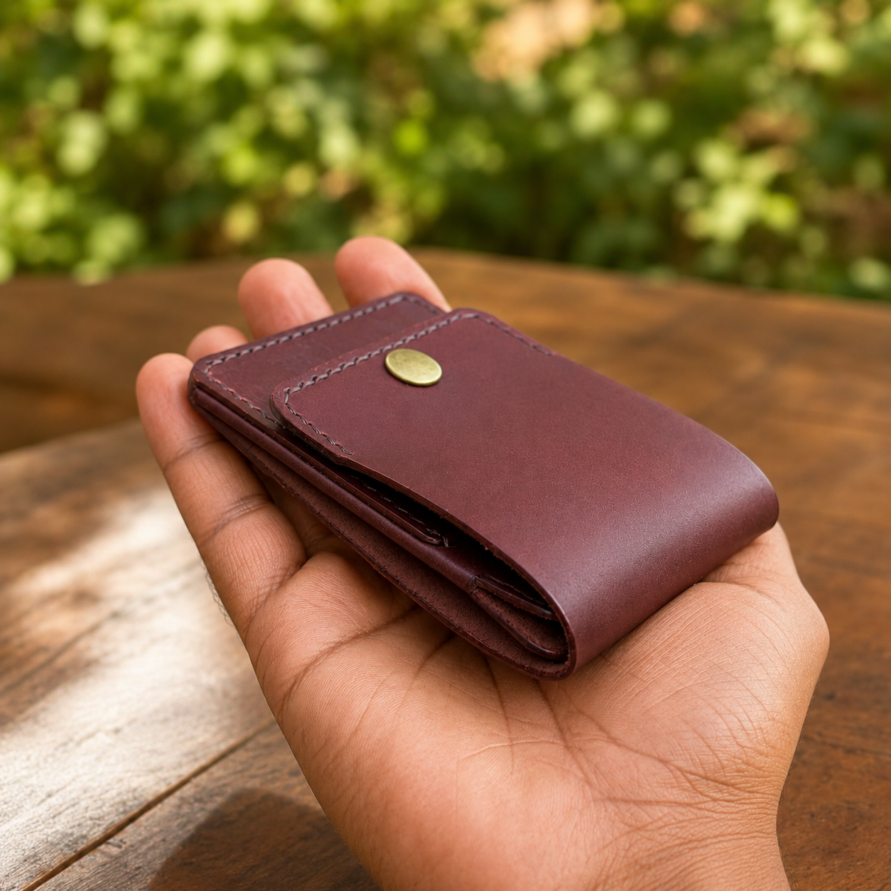 Hand holding Rox & Oak maroon veg tan leather vertical flip slim wallet outdoors.