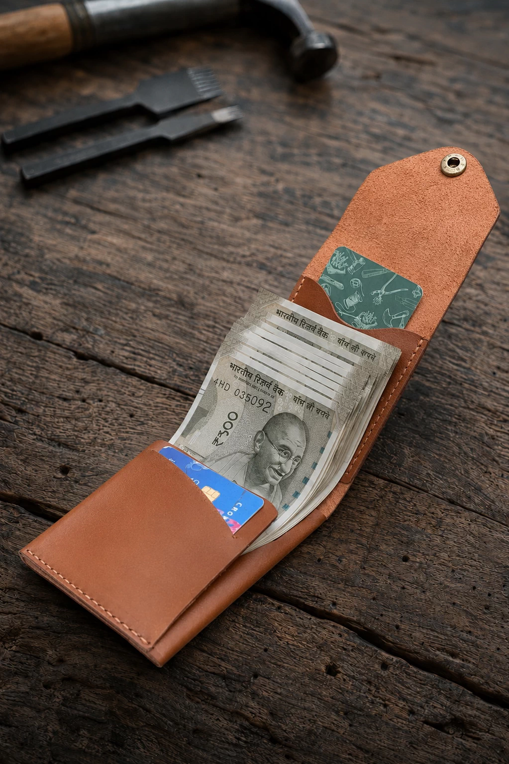 Rox & Oak Snap Pro leather wallet holding cash and cards on wooden table