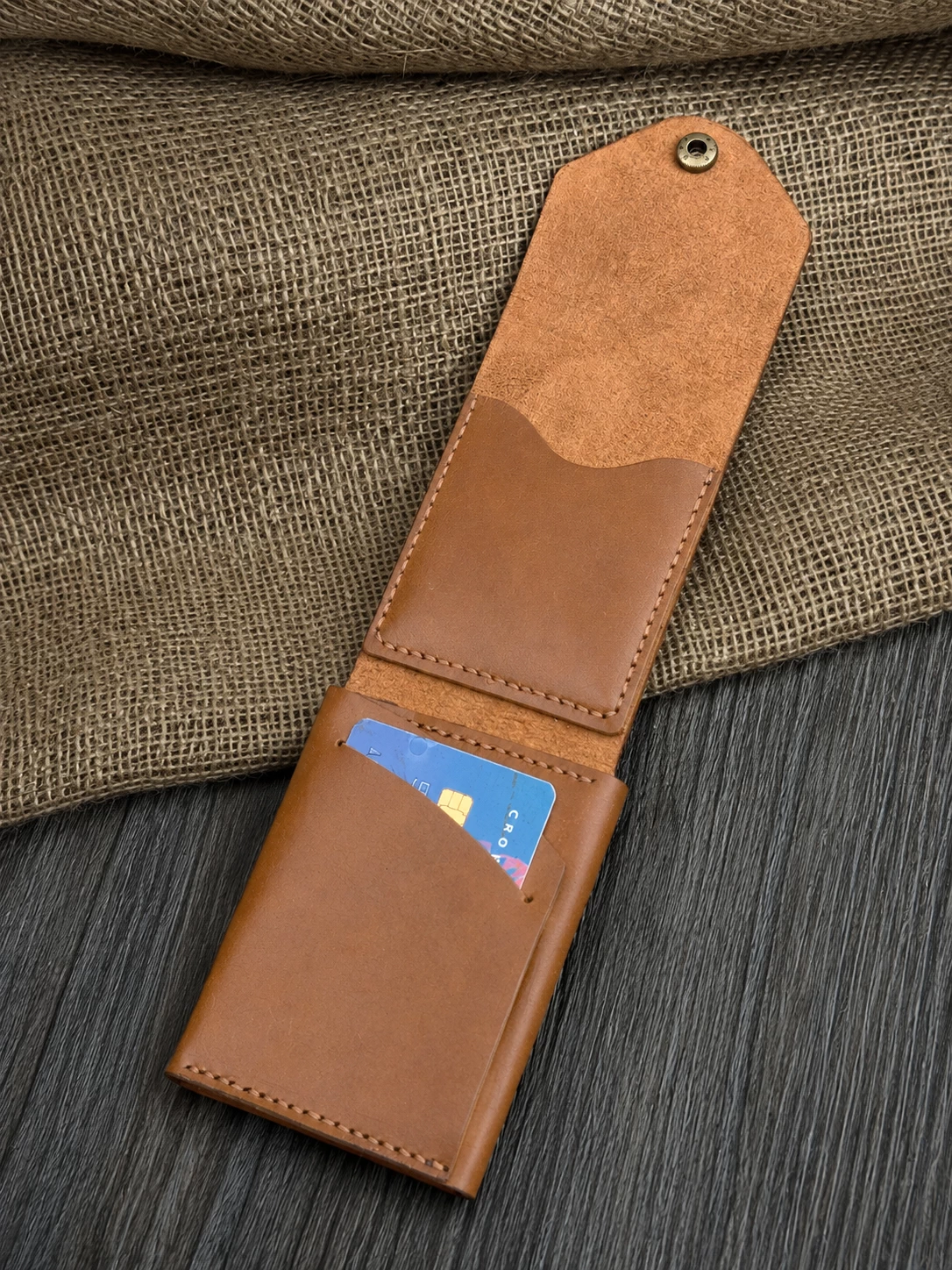 Rox & Oak Snap Pro leather wallet open showing card slots and cash compartment