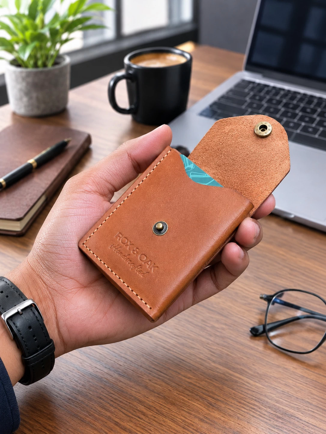 Rox & Oak Snap Pro handcrafted chestnut brown vegetable tanned leather wallet held in hand