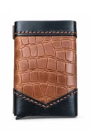 ROX & OAK TwinSlide chestnut brown crocodile-textured card holder front view