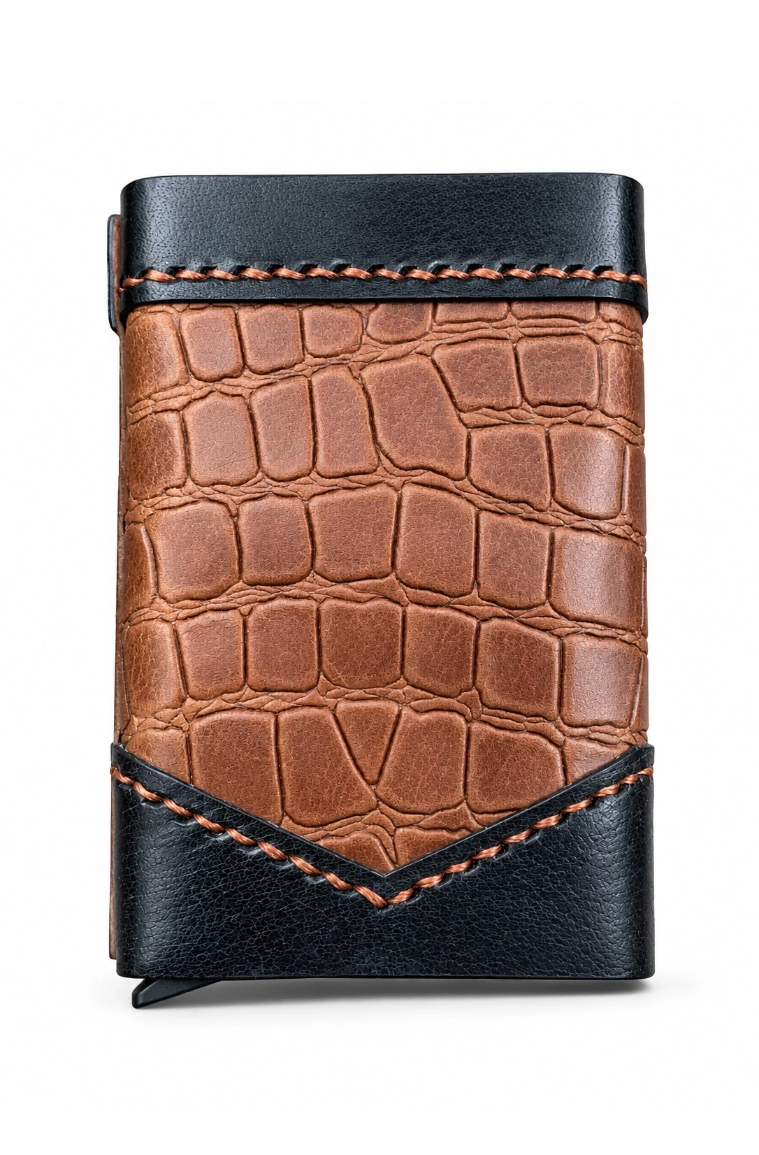 ROX & OAK TwinSlide chestnut brown crocodile-textured card holder front view