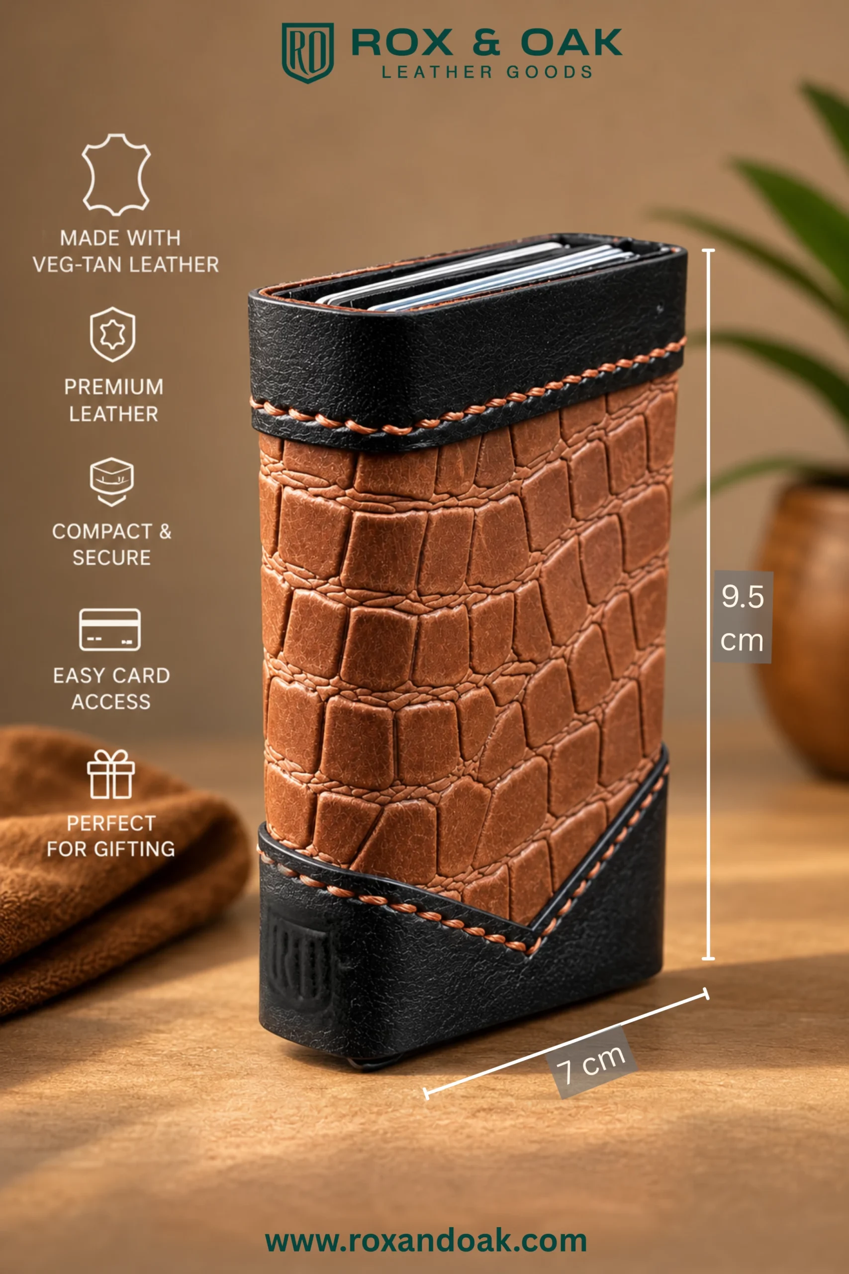 ROX & OAK TwinSlide vegetable-tanned leather card holder with dual sliding compartments and 14-card capacity
