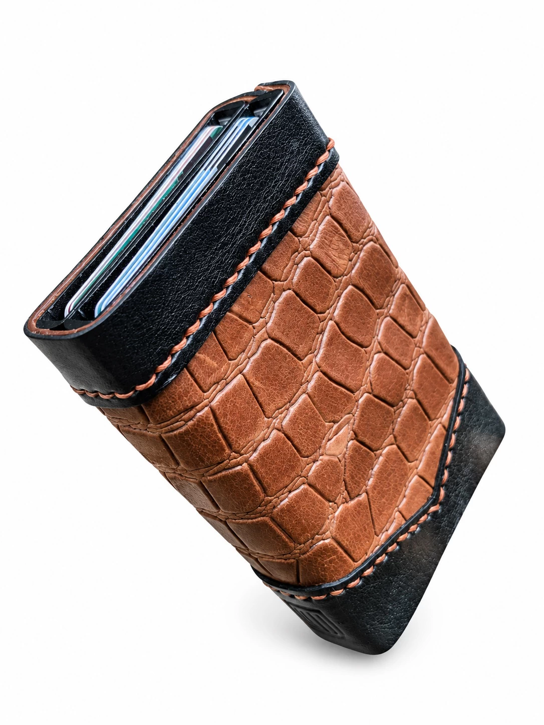 ROX & OAK TwinSlide leather card holder angled view showing sliding card compartments