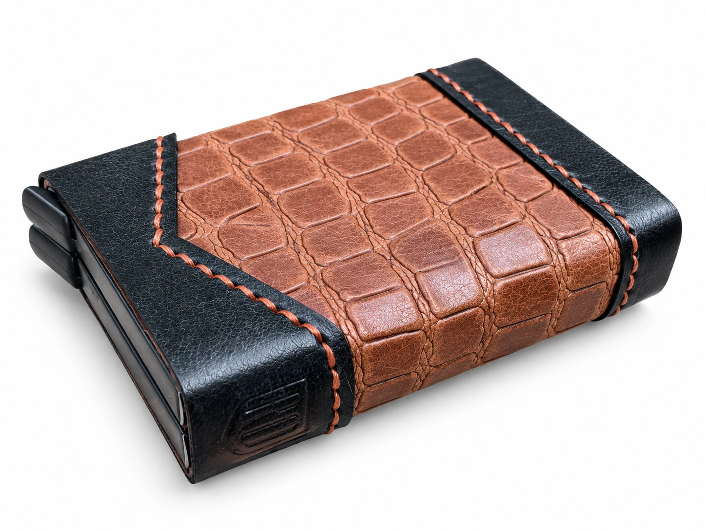 ROX & OAK TwinSlide chestnut brown crocodile-textured leather card holder with black leather trim