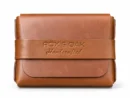Front view of the ROX & OAK Oaklet chestnut brown leather card holder wallet with embossed logo