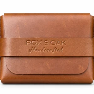 Front view of the ROX & OAK Oaklet chestnut brown leather card holder wallet with embossed logo