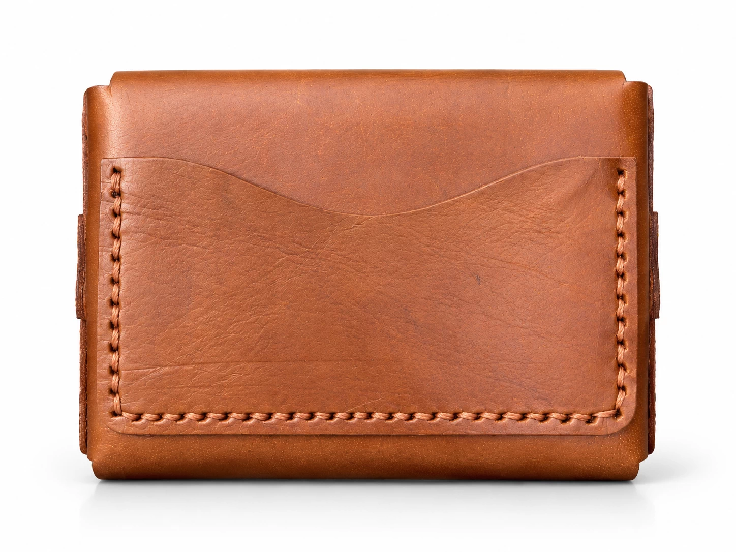 Back view of the Oaklet chestnut brown leather wallet showing its stitched exterior pocket