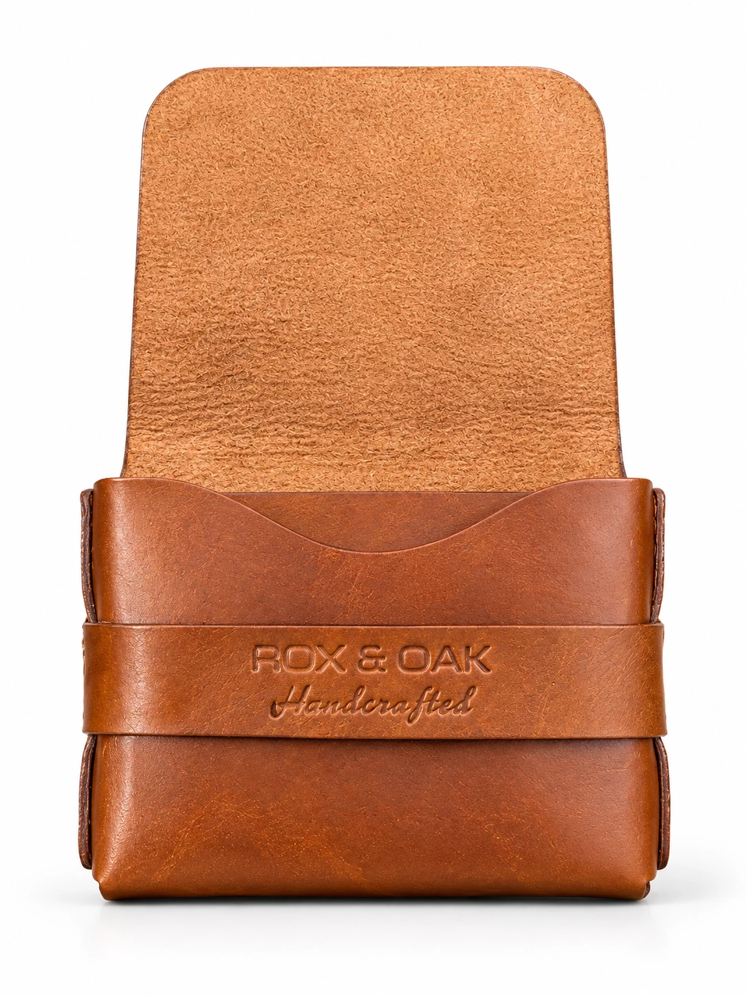 Open Oaklet chestnut brown leather card holder wallet showing its internal compartments