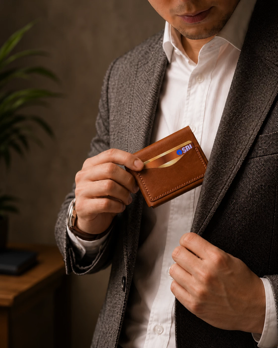 ROX & OAK Oaklet chestnut brown vegetable-tanned leather card holder wallet held in hand